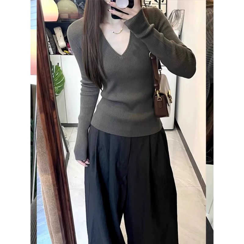 

Gentle Pure Color V-neck Sweater Sweater Women s Fall Slim Fit Slim Looking Easiest for Match Bottoming Shirt Elegant Long Sleeve Top Gray 2XL