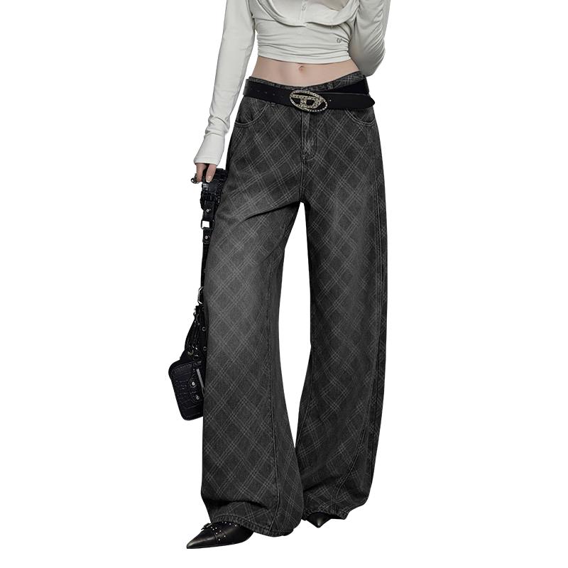 

UNIFREE Retro Diamond Print Loose Jeans XL