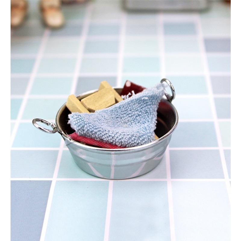 Gnome Accessories, Dollhouse Accessories Miniature Dolls Decorations, Mini Dollhouse Miniature Doll Playset Bathroom Washtub with Washboard Towel Set