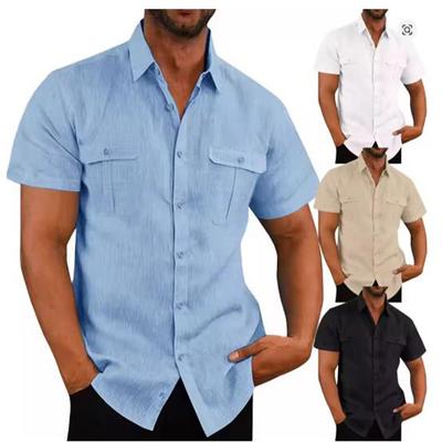 Men's Shirt Double Pocket Cotton Linen Short Sleeve Shirts for Men Casual Holiday Beach Shirt Streetwear Solid Color Slim Fit