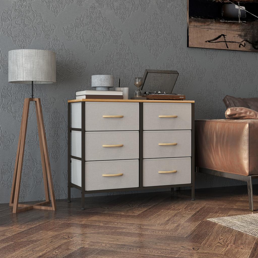 Fabric Chest of Drawers, Industrial Bedroom Dresser with 6 Fabric Drawers, Steel Frame and Wooden Top for Nursery, Living Room, Hallway, Cream White