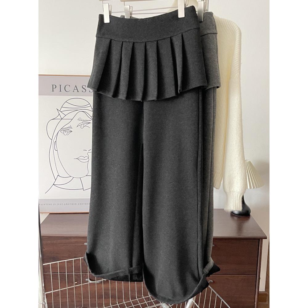

Korean Style High-End Pleated Patchwork Skirt Pants, Winter Velvet Two-Piece Culottes for Women - Commute Casual Wear S