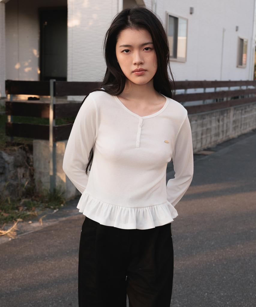 DEHEVE Frill Henley Neck Long Sleeve [Ivory]