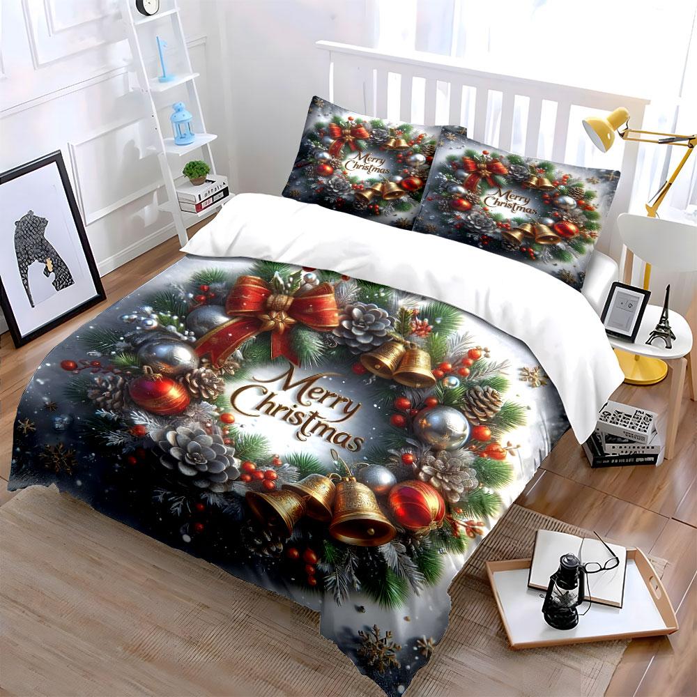 Christmas Wreath with Bells Bedding Duvet Cover Set Duvet Cover Pillowcases (1*Duvet Cover 2*Pillowcases, without duvet insert)