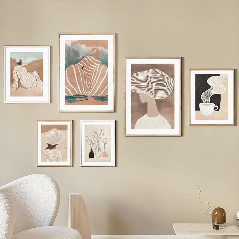 Striped Girl Coffee Vase Flower Abstract Posters Prints Wall Art Canvas Painting Hotel Bar Wall Pictures For Living Room Decor