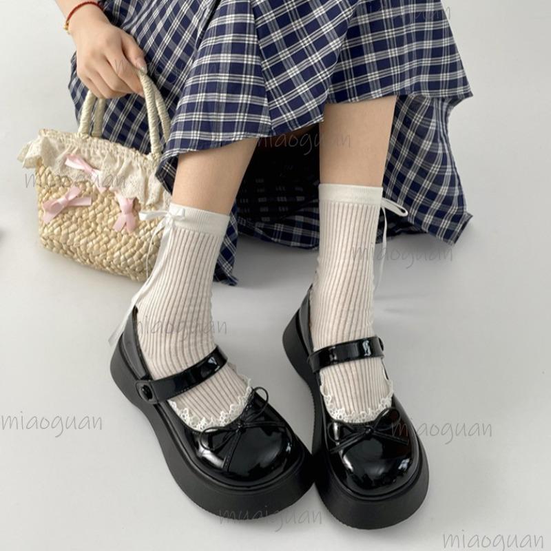 Fashion Fashion Black Beige PU Leather Women's Mary Jane Shoes Thick Bottom Bowknot Lace Decor Ladies Pumps Elegant Lolita Platform Shoe