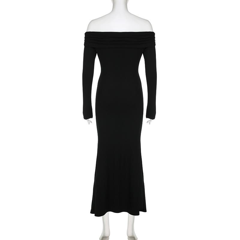 Elegant French Lace One-Shoulder Fishtail Knit Dress - Slim-Fit Waist-Cinching Long Gown for Women