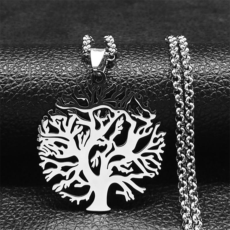 Tree of Life Stainless Steel Long Necklace for Men Black Color Necklaces & Pendants Jewelry cadenas para hombre N834S03