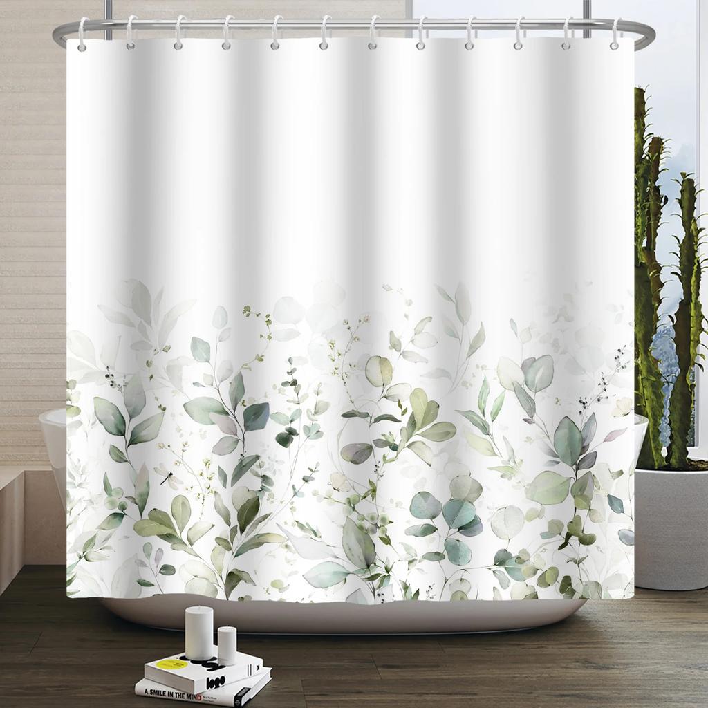 Tenda da doccia ad acquerello con foglie verdi per bagno, pianta di viti, minimalista nordica, in poliestere botanico per casa, hotel 180x240
