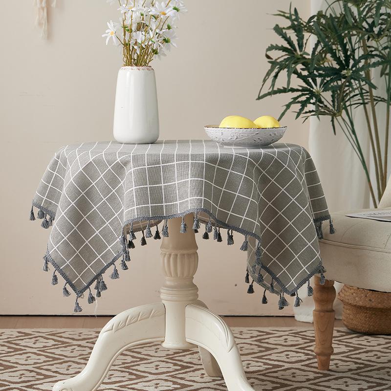Cotton And Linen Small Fresh Navy Blue Small Flower Round Tablecloth Household Living Room Homestay Decoration Fringed Tablecloth
