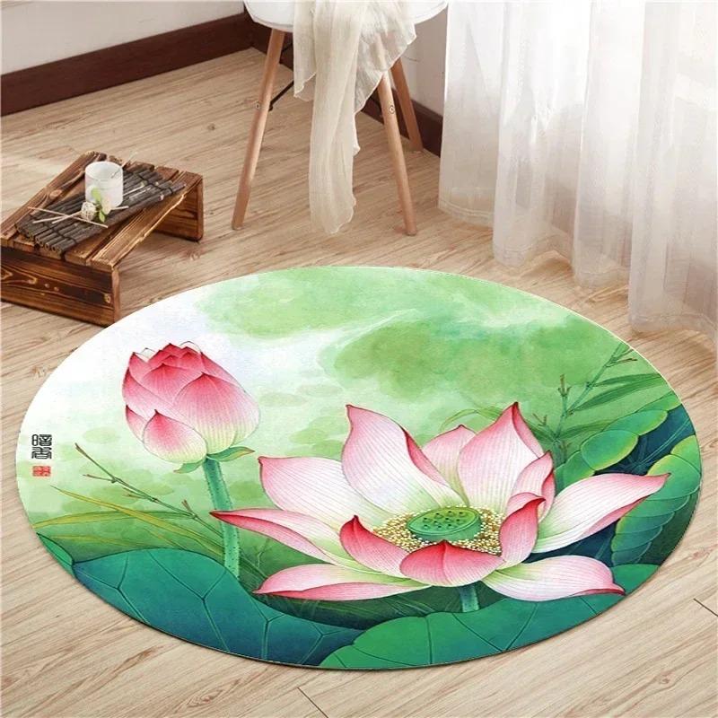 Lotus and Peony Pattern Round Carpet, Living Room Decorative Mat, Bedroom Foot Mat, Chinese Style Retro, Non-slip Chair Mat