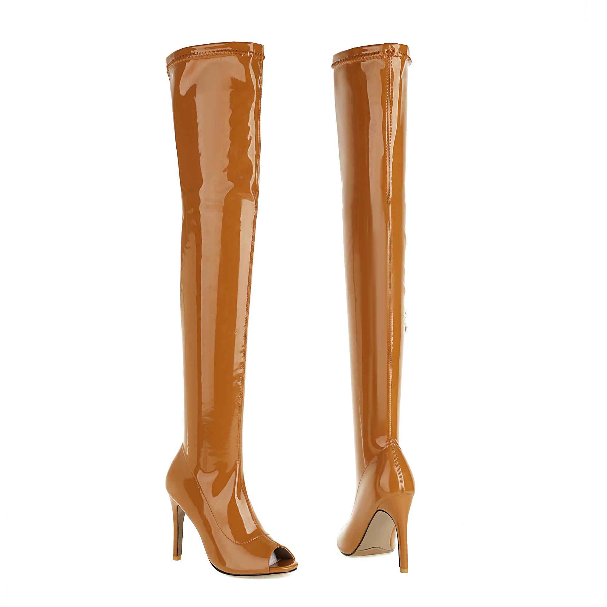 

Q/Женские сапоги на высоком каблуке, сексуальный однотонный цвет, тонкий каблук, рыбий рот, сапоги до колена, женская обувь большого размера 44 коричневый