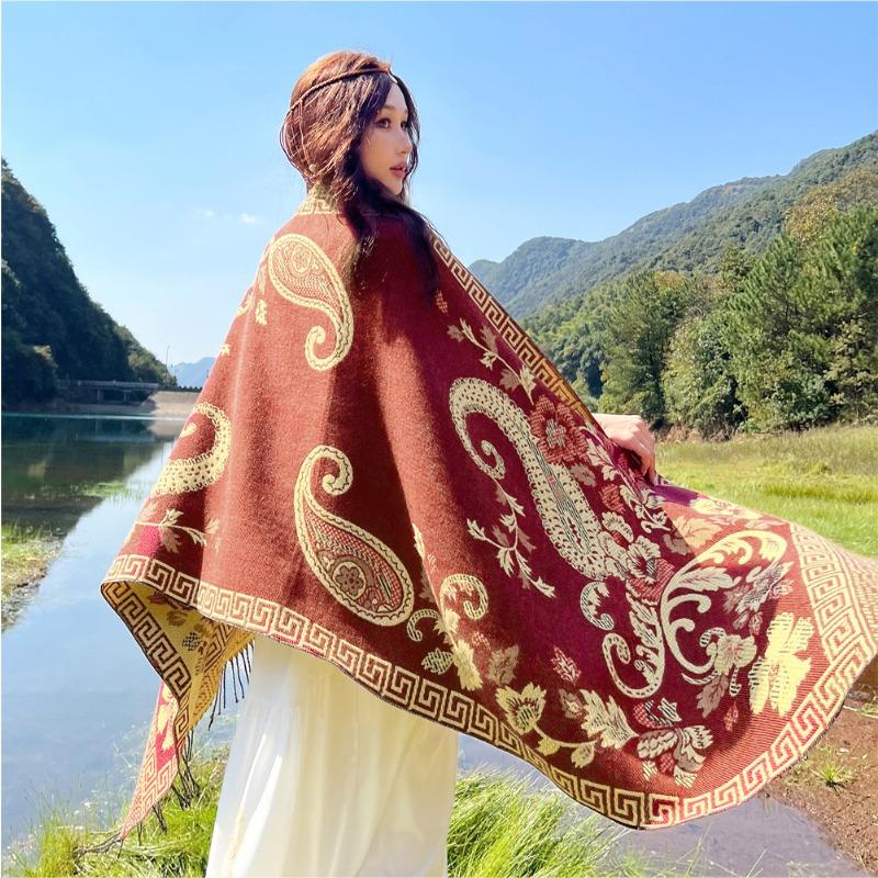 Spring new shawl women's Xizang Yunnan travel photo sunscreen scarf warm imitation cashmere thick scarf