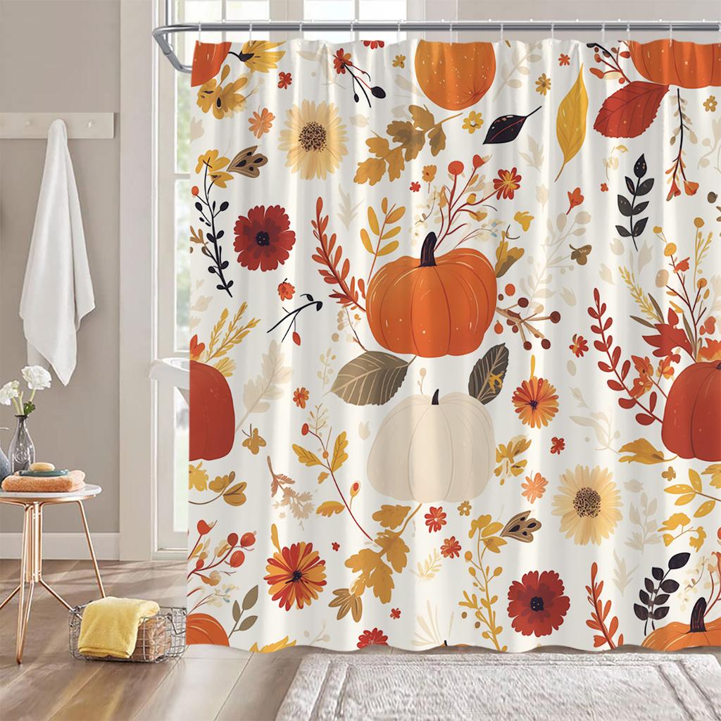 Herbstkürbis Cartoon Druck Duschvorhang Erntesaison Ahornblätter Fallendes Laub Herbstlandschaft Badezimmer Dekoration Natur Badvorhang