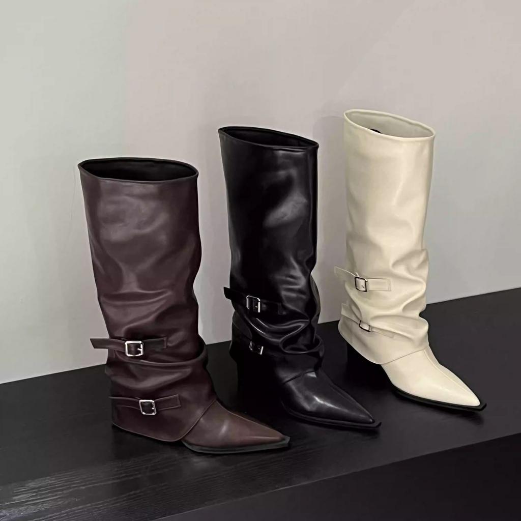 New Retro Style Women Knee High Boots Belt Buckle Shoes Autumn Winter Wedges Heel Women's Knight Long Booties