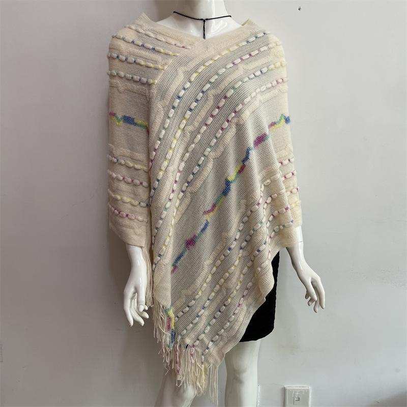 2022 Autumn/Winter Women's V-Neck Rainbow Tassel Cape Sweater