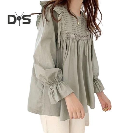 

Женская рубашка с круглым вырезом и длинным рукавом-фонариком, пуловер, однотонный свободный крой, оборка, плиссированная блузка, повседневная одежда L зелёный