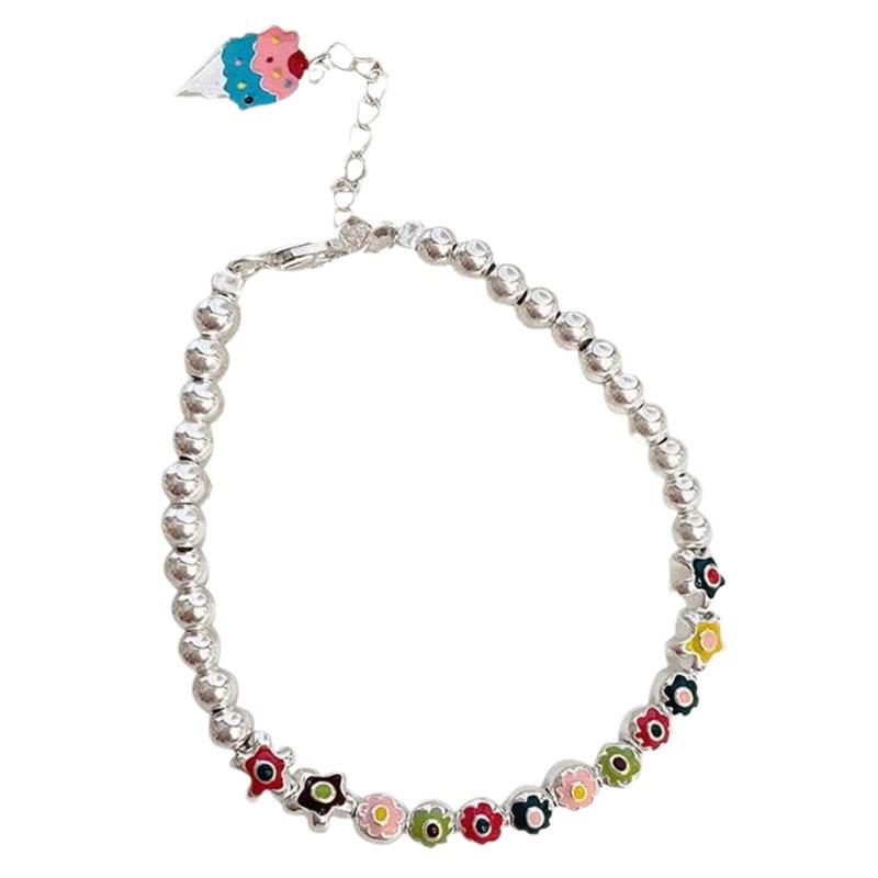 Korean Style S925 Sterling Silver Flower & Ice Cream Charm Bracelet for Women - Sweet Enamel Rainbow Beads Fashion Jewelry