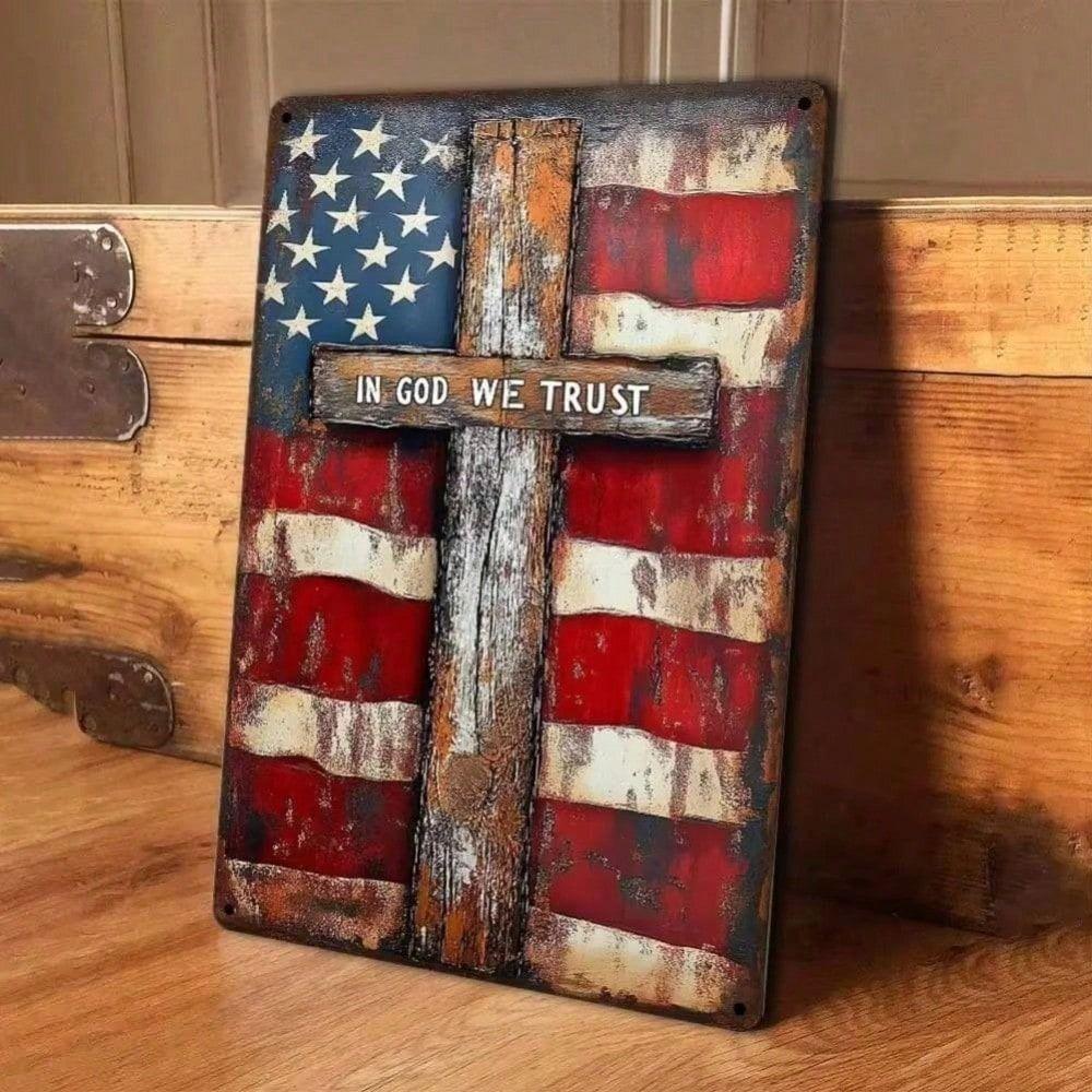 Metal Wall Art Vintage Christian Decor, USA Flag with Cross, Retro Tin Sign for Home Garage Gift