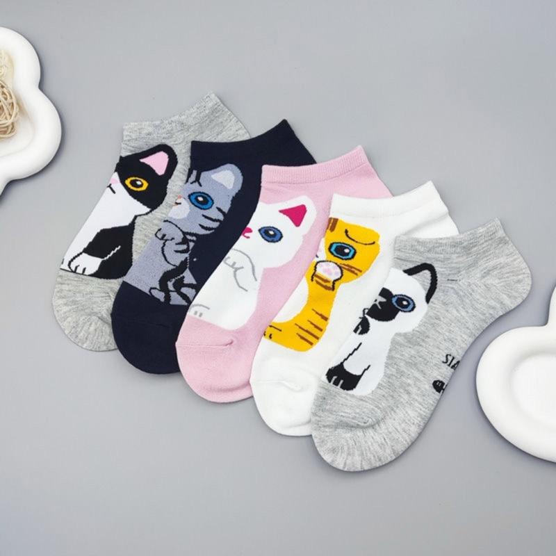 5 párů neformálních ponožek Elastické manžety Měkký design s kočičím vzorem Prodyšné Pohodlné Nízké kotníkové ponožky pro ženy