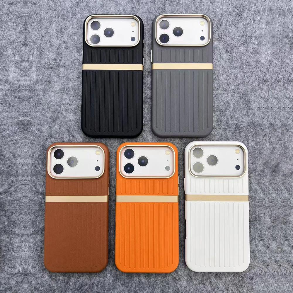 Luxury Luggage Stripe Magnetic Phone Case for iPhone 17 Pro Max 17 Air 16 Pro 15 14 13 Wireless Charging PU Leather Hard Cover