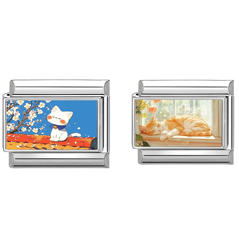 1/2pcs Cute Cat Looks at the cake Italian Charm Links Beads Fit 9mm Stainless Steel Modular Bracelet Jewelry Gift