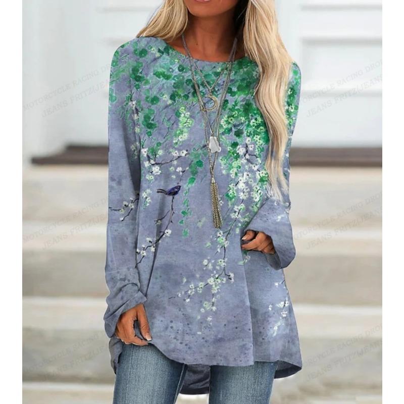 

Женская футболка с летним цветочным принтом, модная футболка с длинным рукавом, базовые топы, футболки с женским цветком 5XL