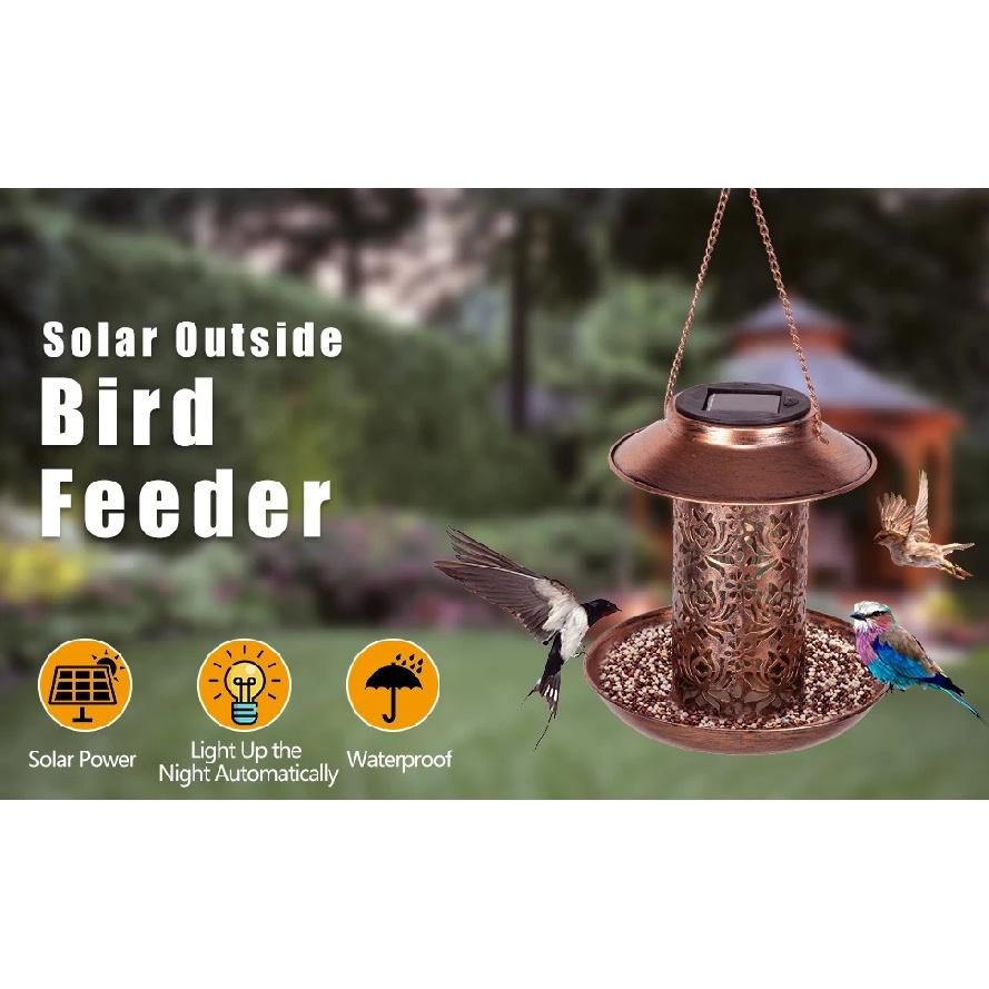 Solar Bird Feeder Metal Outdoors Hanging Bird House with Light Gift Ideas for Bird Lovers Outdoor Garden Backyard Decoration