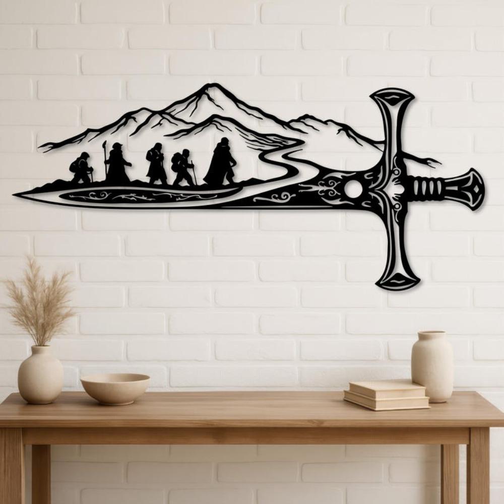 Herr der Ringe Metall Wanddeko, Fantasy Schwertkunst, Epische Reise Silhouette, Abenteuer Berglandschaft, Geschenk für die Männerhöhle