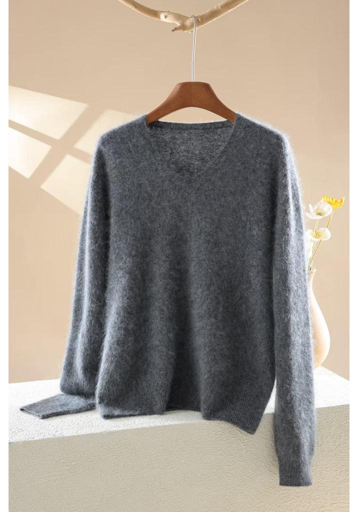 Women's V-Neck Loose Fit Brushed Cashmere Sweater - Autumn/Winter Collection, Seamless Solid Color, Soft and Skin-friendly.
