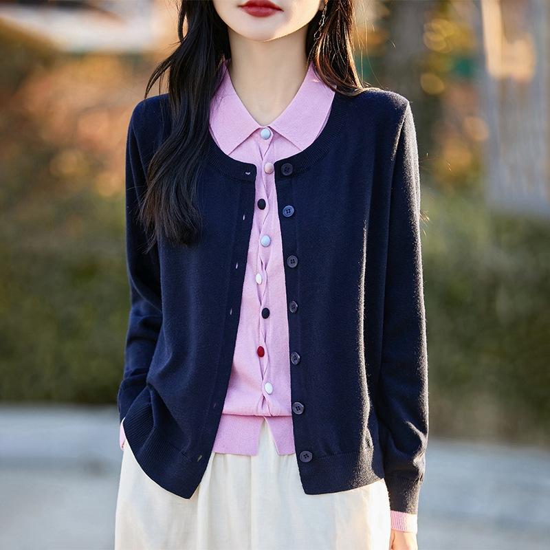 Spring New Style Women's Color-blocking Buttoned Knitted Cardigan POLO Collar Elegant Sweater Coat