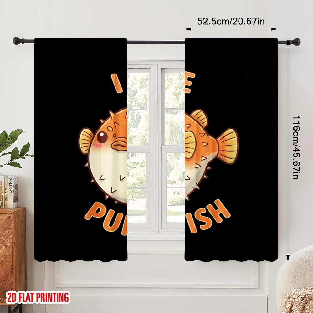 2pcs 2D Flat Printing Window Curtains Cute Pufferfish Design Polyester Without Electricity Birthday Party for All Season