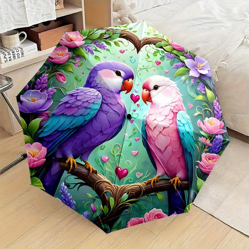 Compact Folding Umbrella Featuring Two Vibrant Lovebirds Perched on a Branch Adorned with Flowers And Hearts. A Convenient Col Iron&8K