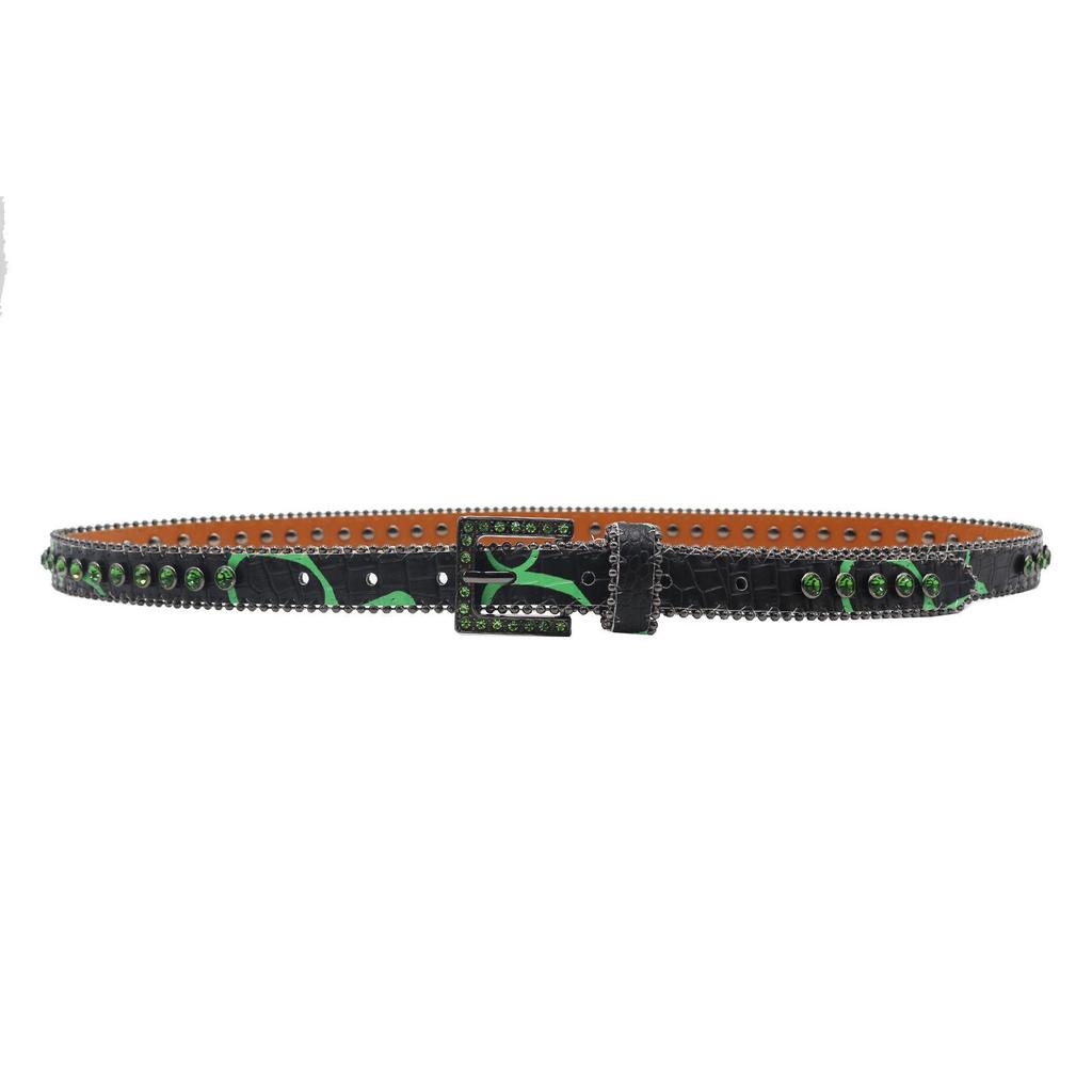 High-end Women's Patterned 2.3 Leather Belt with Pin Buckle and Rhinestones – European & American Punk Style.