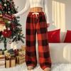 Soft Fluffy Home Pants Women Plaid Wide Leg Pants, Drawstring High Waist Thick Coral Fleece Retro Warm Loungewear, Anti-Pilling Casual Pajama Bottoms