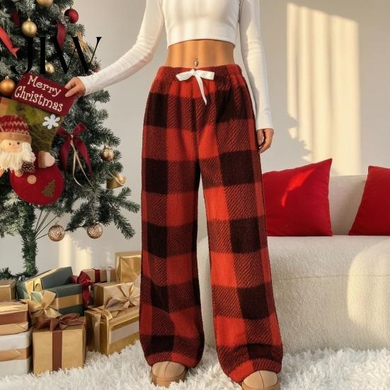 Soft Fluffy Home Pants Women Plaid Wide Leg Pants, Drawstring High Waist Thick Coral Fleece Retro Warm Loungewear, Anti-Pilling Casual Pajama Bottoms