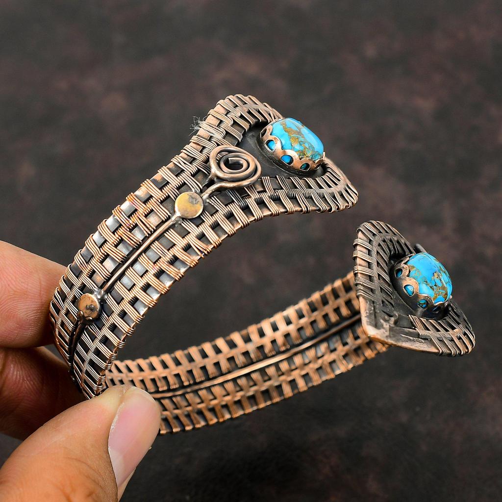 Miedziana Bransoletka Turkusowa Miedziana Bransoletka Miedziana Opleciona Kamieniem Szlachetnym Miedziana Biżuteria Ręcznie Robiona Bransoletka Mankieta Prezent Dla Niego