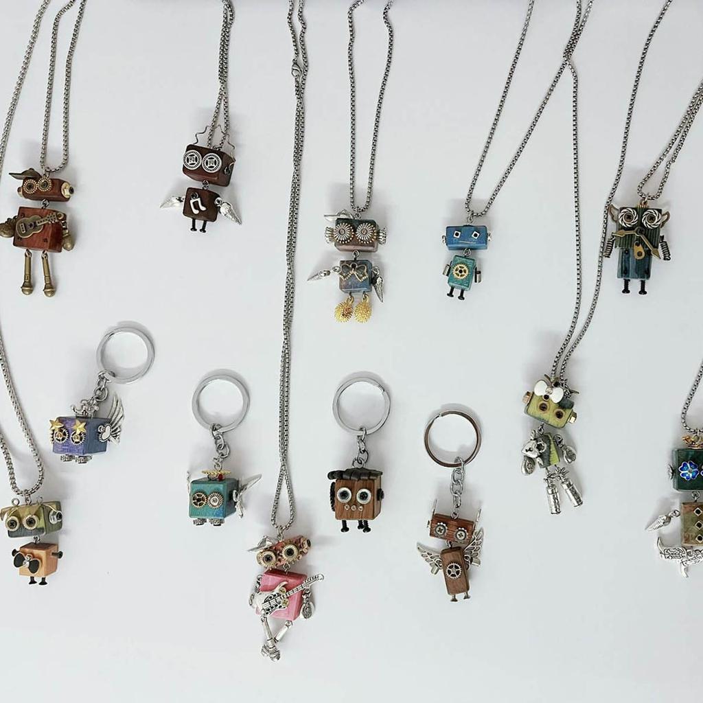 Wood Block Robot Pendant Necklace Adjustable Length Punk Neckchain Stylish Leather Cord Accessory Fade Resistant Chokers