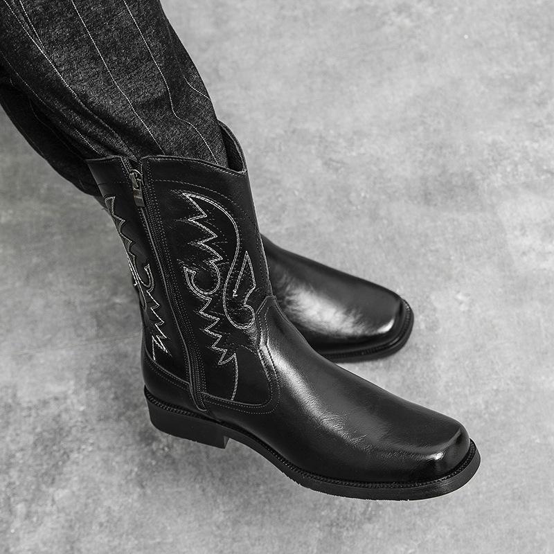 Western style cowboy leather boots embroidered long leather shoes high top British style riding boots