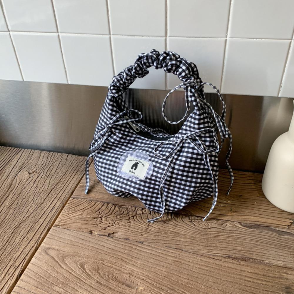 

Y2k Bow Shoulder Bag Pleated Underarm Bag Casual Plaid Armpit Bag Girls чёрный