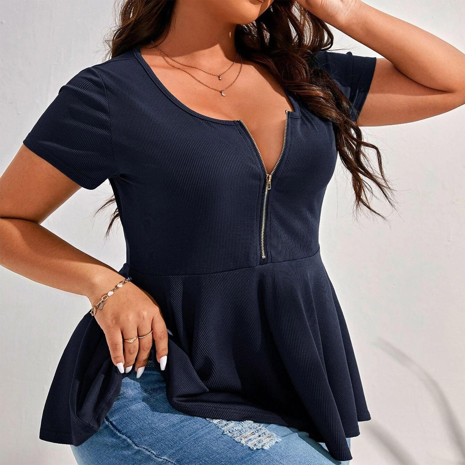 

Футболка женская облегающая с короткими рукавами, однотонной расцветкой, застежкой-молнией и V-образным вырезом XXXXXL