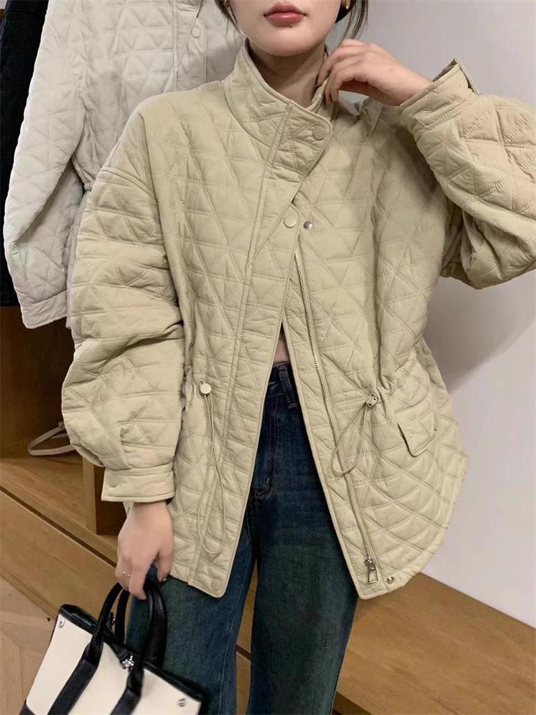 Korean-Style Diamond Pattern Lightweight Down Cotton Jacket for Women - Stand Collar, Waist-Cinching, 2025 Autumn/Winter Collection