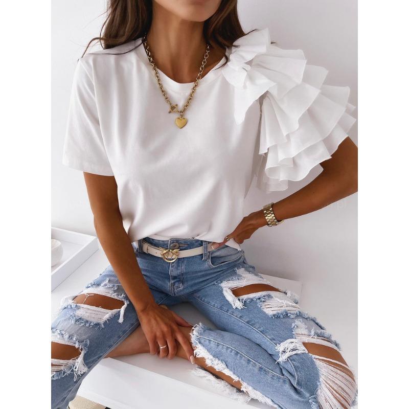 

women s Single Side Ruffle Short Sleeve Round Neck Solid Color Casual T Shirt Daily Basic Top 2XL білий