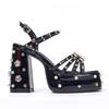 Golden Black Color PU Leather Thick High Heels Shoes Women's Summer Rivet Platform Pumps Women Rhinestone Gladiator Sandals