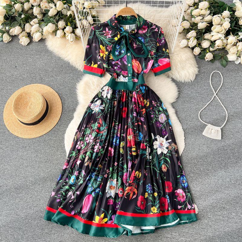 

Summer New Arrival Sweet Retro French Fashion Elegant Short Sleeve Bows Cinched Pleated Print Chiffon Dress Black M