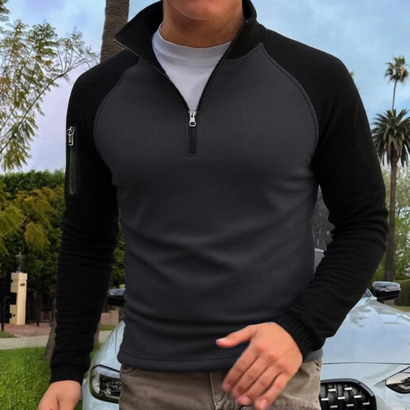 New Fleece Men's Polar Fleece Warm Autumn and Winter Color-blocked Velvet Pullover Stand-up Collar Top