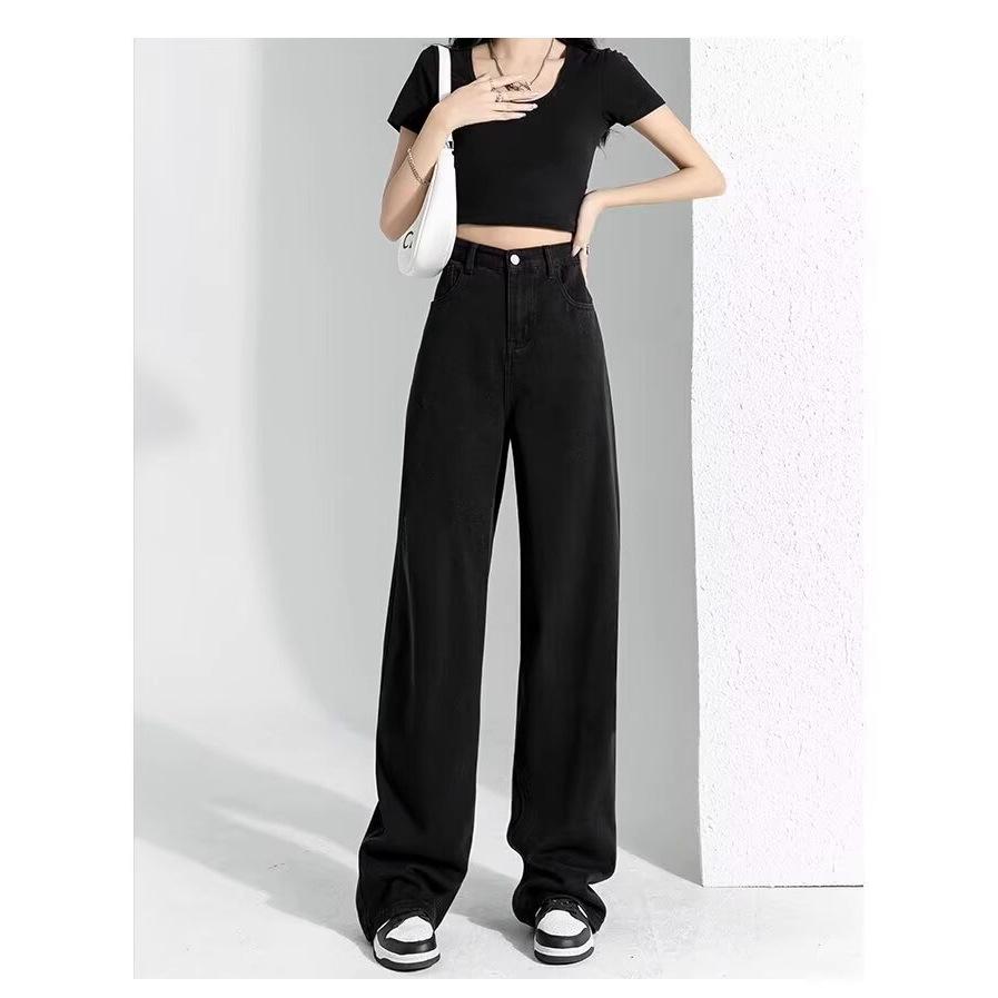 Women's Black & White Plus Velvet Jeans - Thickened, Warm, Straight, and Loose Fit for Autumn & Winter.