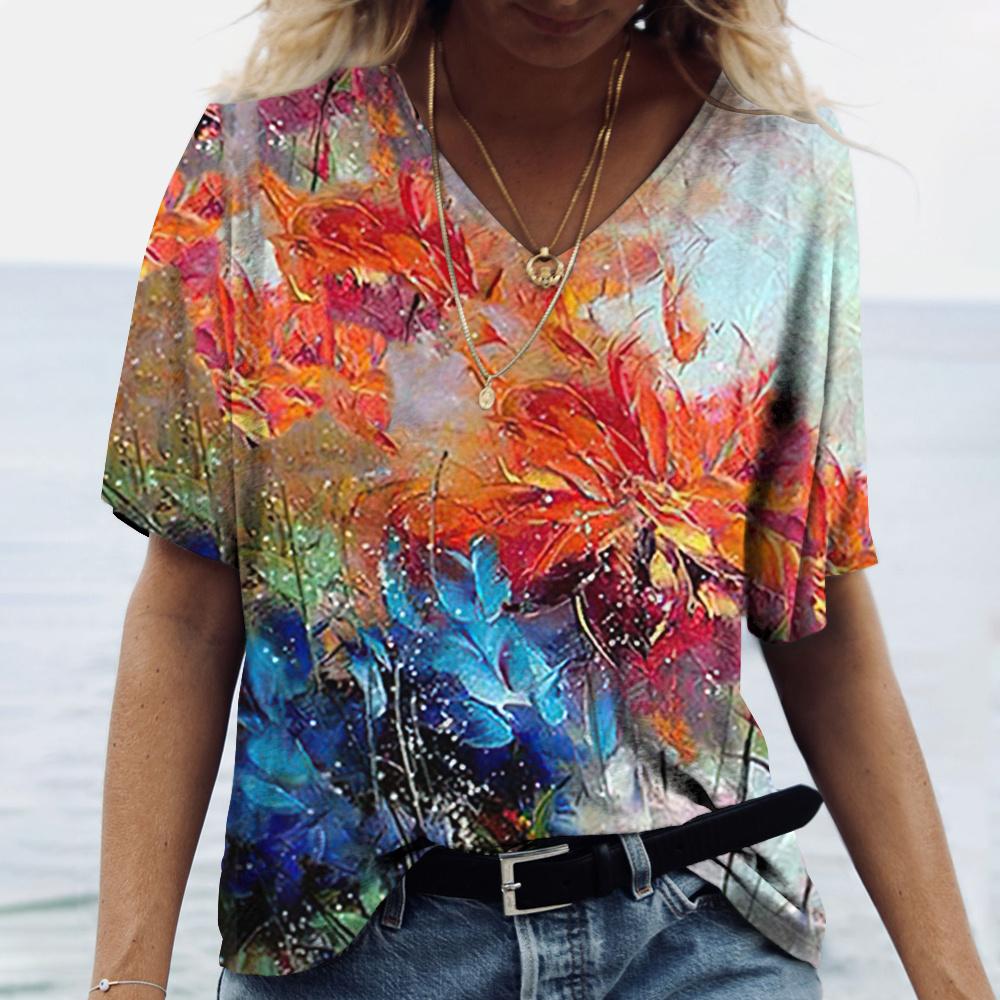 3d V-neck Floral Print Oversized Clothing Short-sleeved Blouse Harajuku Fashion Summer T-shirt