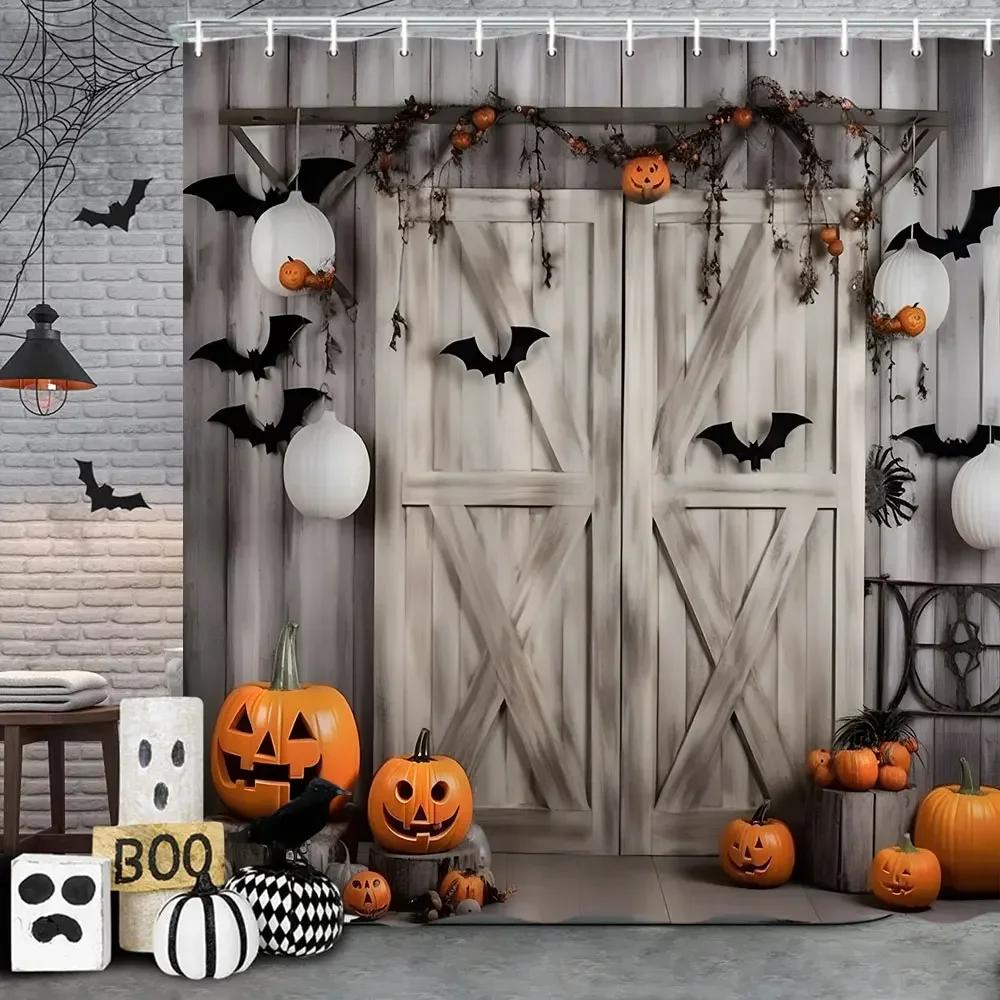Perdea de duș de Halloween Liliac Negru Model Înfricoșător de Halloween Perdea de Duș Înfricoșător Liliac Perdea de Baie Decor Baie cu Cârlige