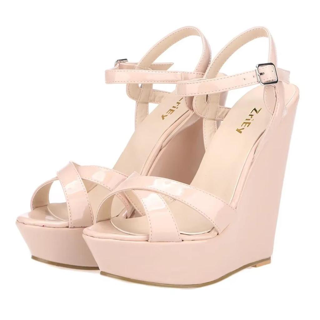 Offene Zehenpartie Knöchelriemen Plateau Keilabsatz Damen Sandalen 14cm Super Hohe Absätze Gladiator Damen Schuhe